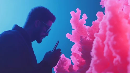 Man with Phone in Neon Light