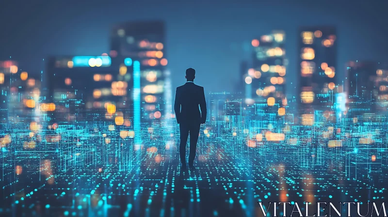 AI ART Future Cityscape with Person Silhouette