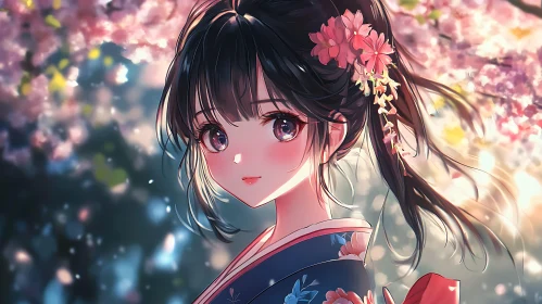 Anime Girl in Kimono with Cherry Blossoms