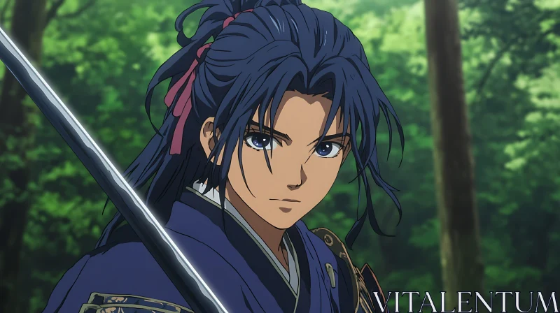 Determined Anime Swordsman in Green Forest