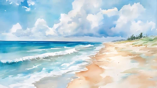 Watercolor Beach Scene with Clouds