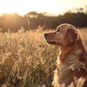 Dog in Golden Field at Sunset