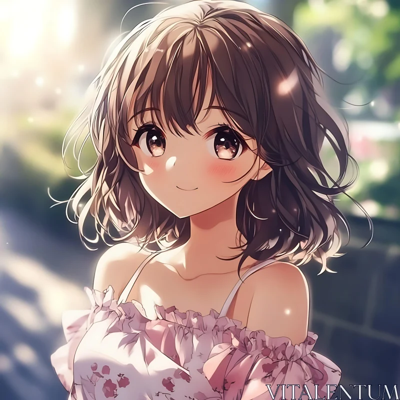 Anime Girl in Floral Dress Amidst Sunlit Background
