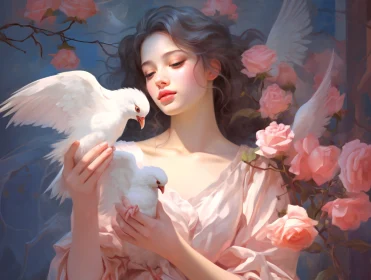 Serene Woman with White Doves
