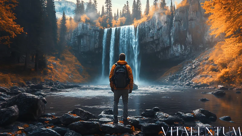 Man Contemplates Waterfall in Autumn Forest