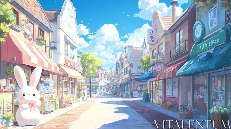 Anime Street with Adorable Bunny Statue