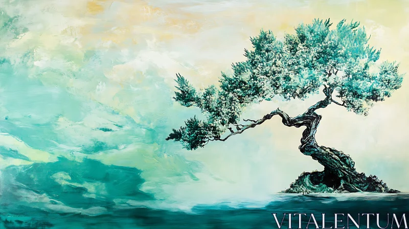 Lone Tree on Island Teal Hues Painting