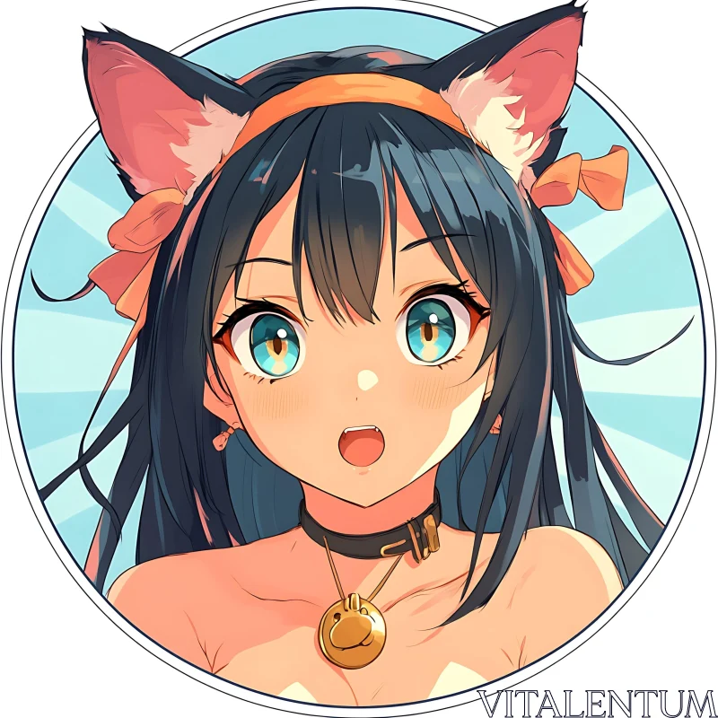 Cute Anime Girl with Cat Ears and Ribbon