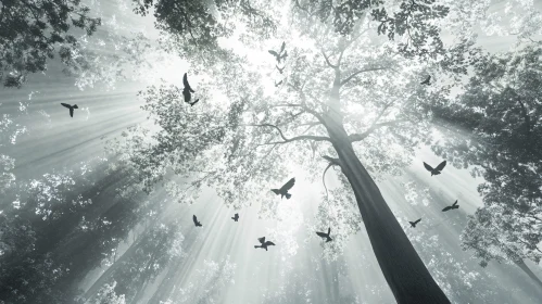 Monochrome Forest Canopy with Sun Rays
