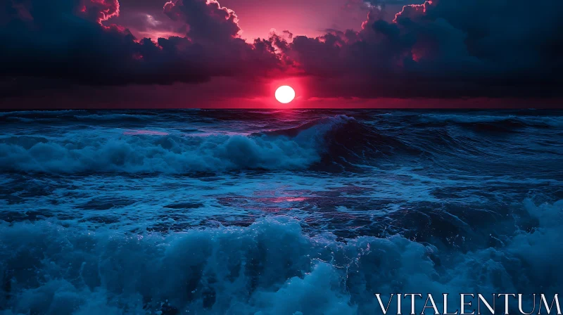 Ocean Waves Under Crimson Sunset