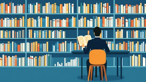 Man Reading Book Surrounded by Bookshelves