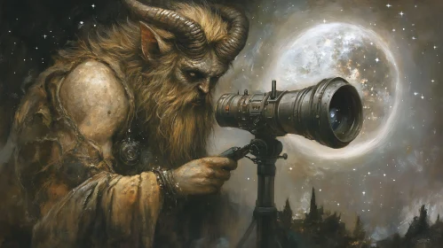 Horned Figure Stargazing with Telescope
