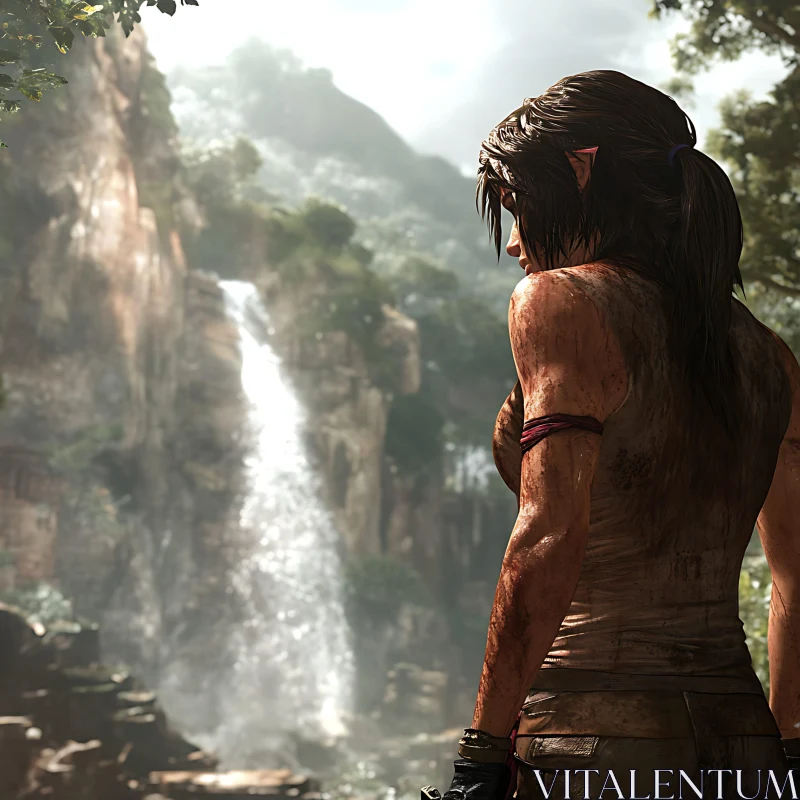 Female Figure Contemplating Waterfall Scenery