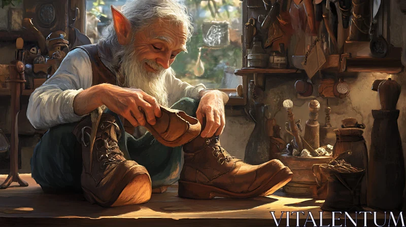 Old Elf Inspecting Leather Shoe