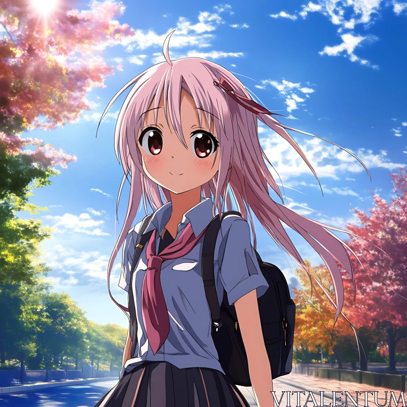 Anime Girl in School Uniform in Nature AI Image