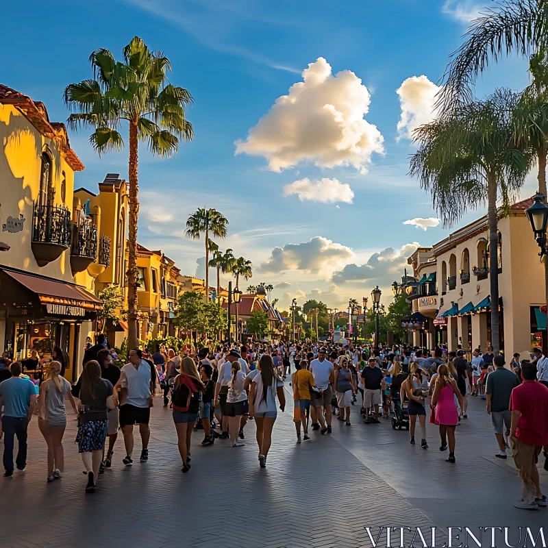 Crowded Street View with Warm Light
