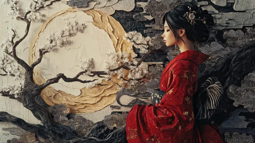 Traditional Japanese Art with Red Kimono and Moon