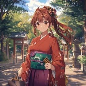 Elegant Anime Girl Dressed in Kimono in Peaceful Outdoor Setting