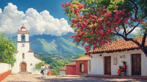 Village Scene with Church and Horse
