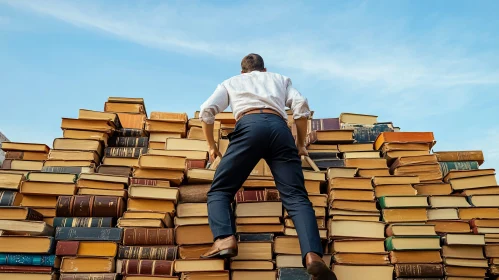 Ascent to Knowledge: Man Climbing Book Staircase