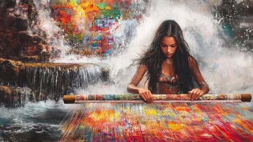Woman crafting tapestry near waterfall