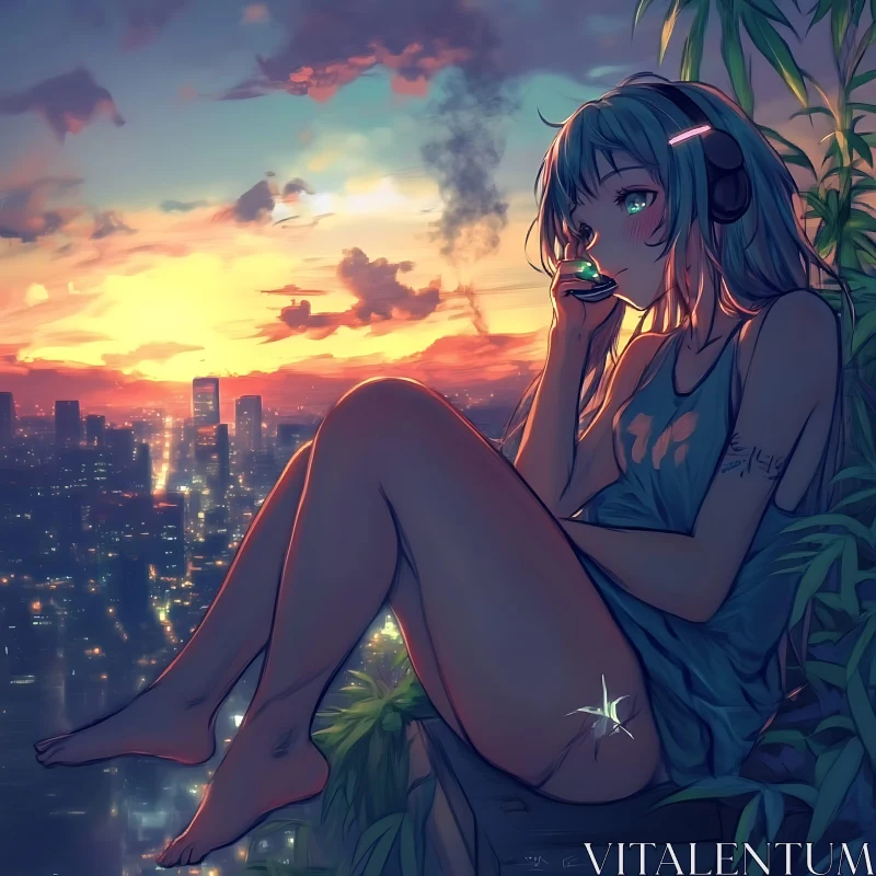 Solitary Anime Girl at Sunset