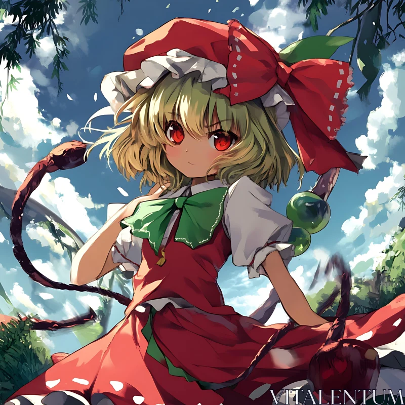 Anime Girl in Red Dress under Blue Sky