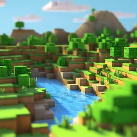 Voxel Forest Scenery with Flowing River