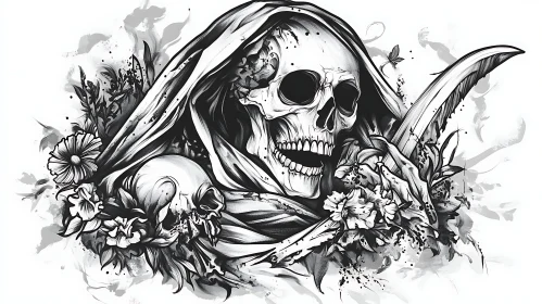 Monochrome Skull and Flowers Illustration
