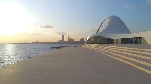 Tranquil Sunset Over a Modern Architectural Gem