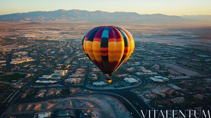 Aerial View of City with Hot Air Balloon
