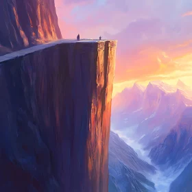 Figures at Cliff Edge at Sunset