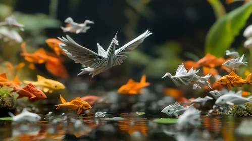 Paper Cranes and Fish in Water