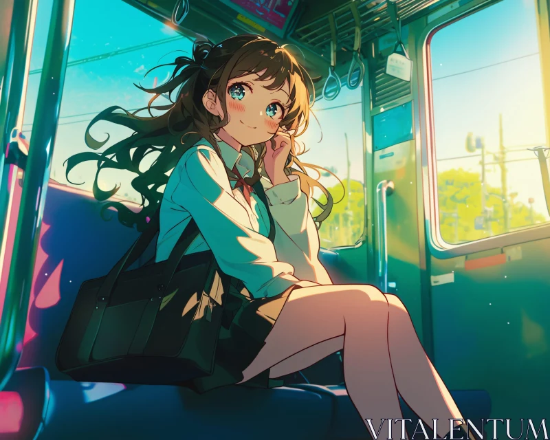 Contemplative Anime Girl in Sunlit Train AI Image