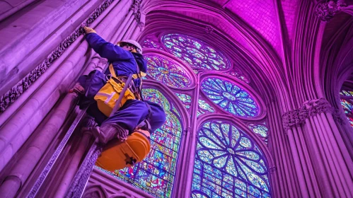 Maintenance Worker in Gothic Cathedral with Stained Glass