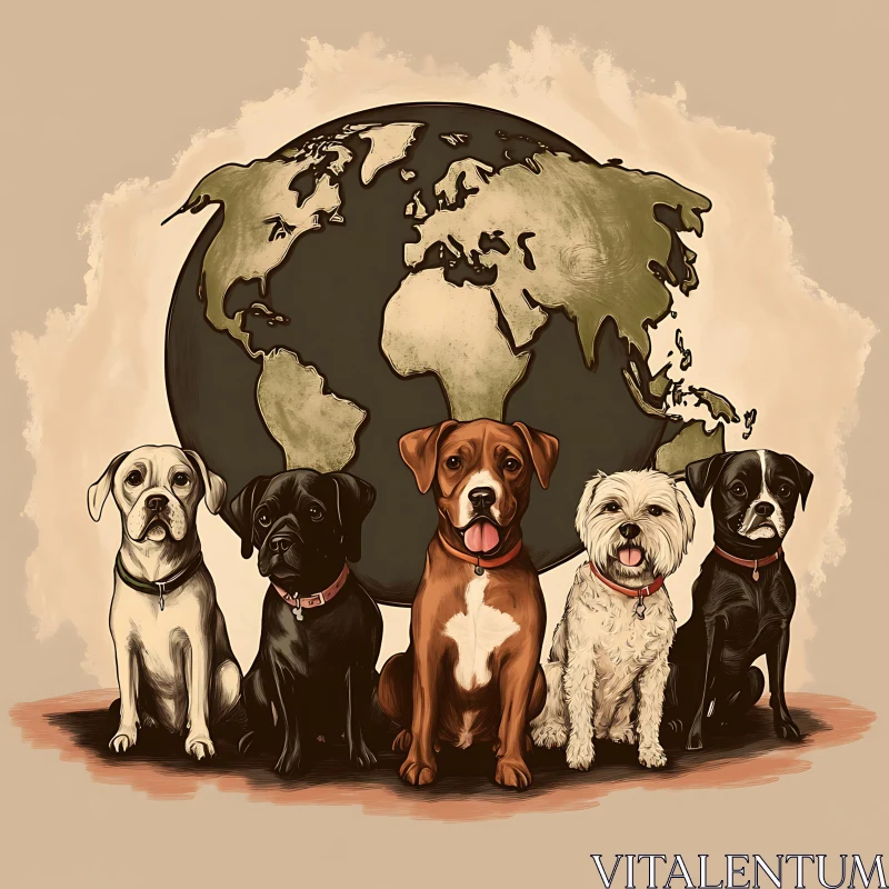 Various Dog Breeds Posed in Front of World Map
