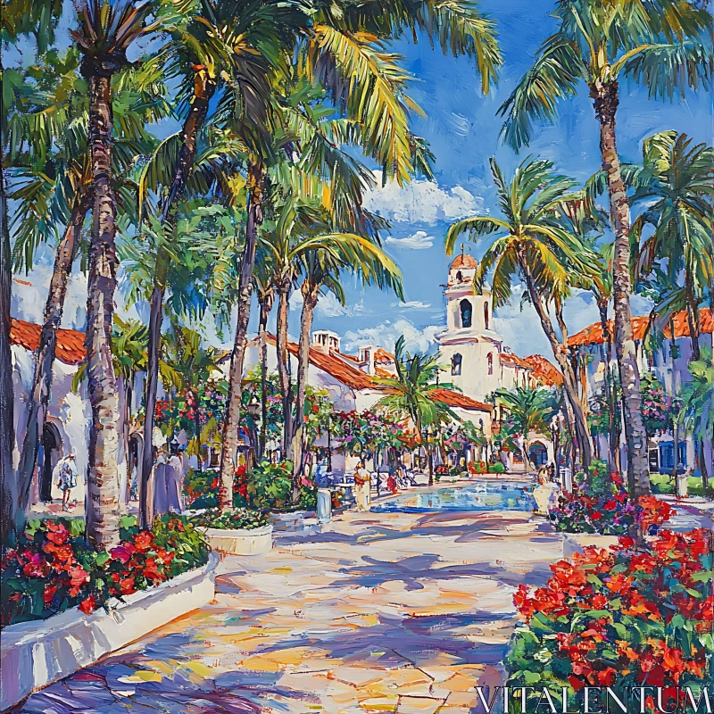 Tropical Cityscape with Palm Trees and Flowers AI Image