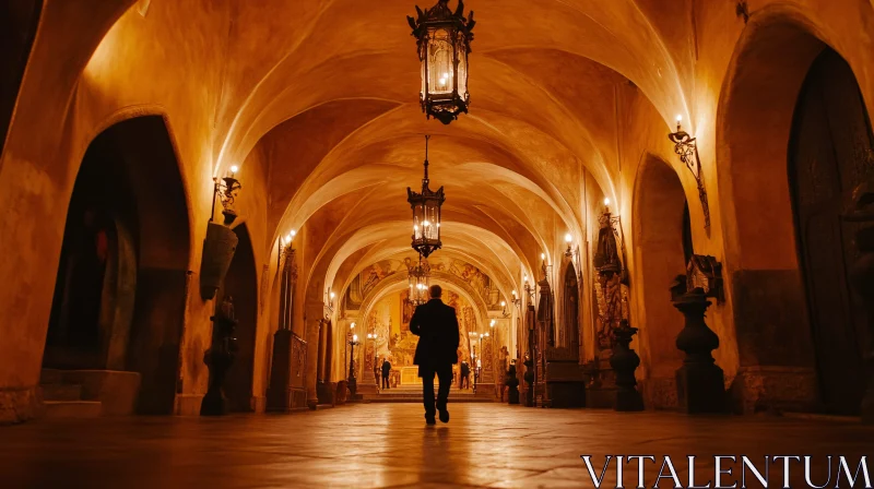 Man Walking Through Arched Hallway