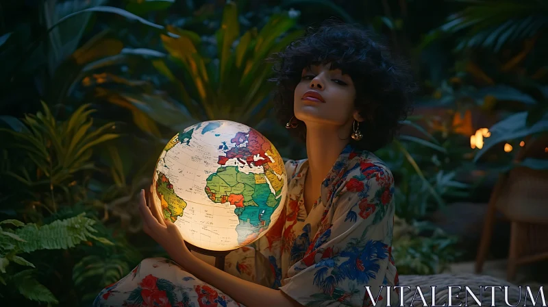Global Vision: Woman and Illuminated Earth AI Image