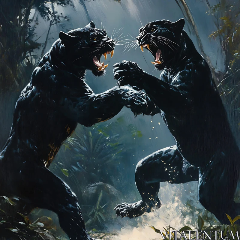 Jungle Standoff: Two Black Panthers Face Off AI Image