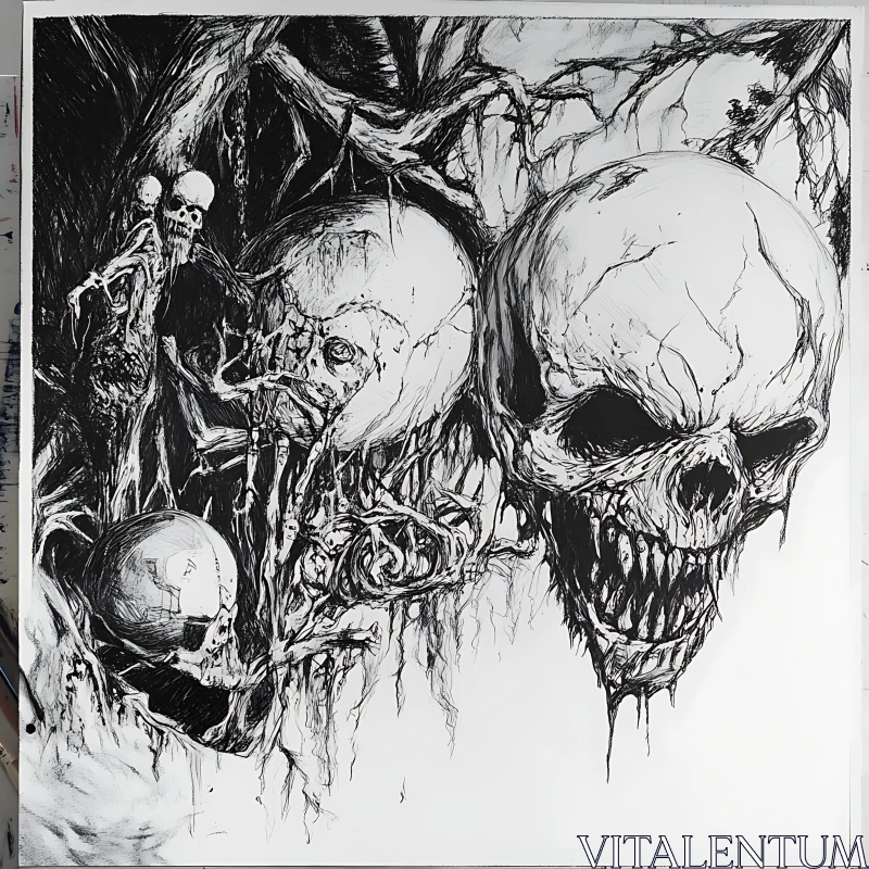 Monochrome Skulls and Branches Ink Art AI Image