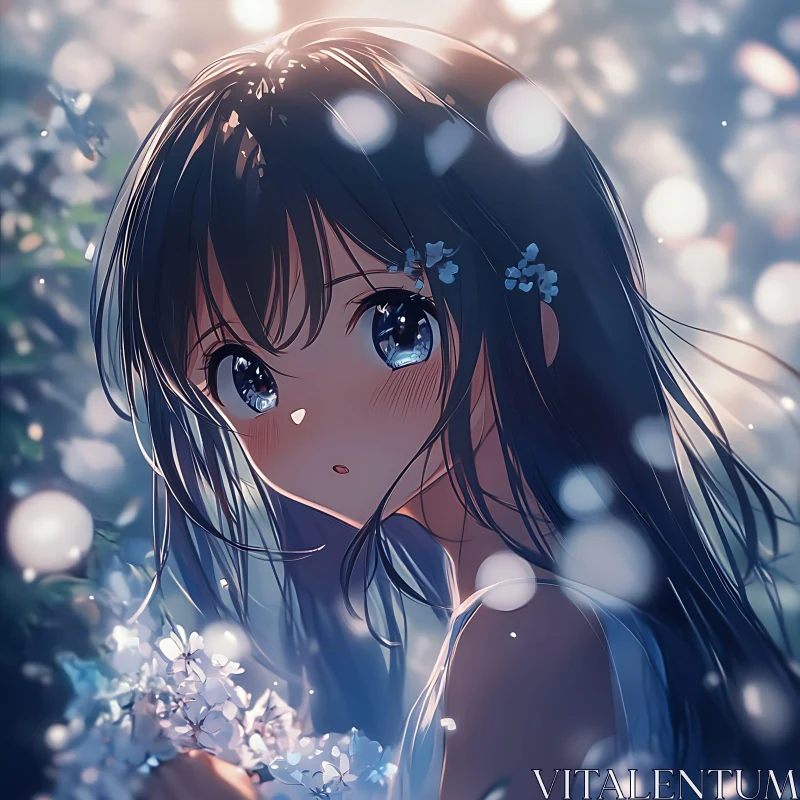 Anime Girl Amidst Glowing Flowers AI Image