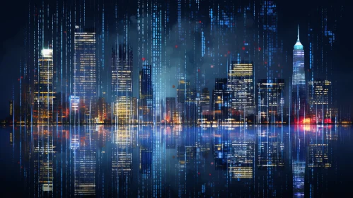 Digital Cityscape with Binary Code Reflections