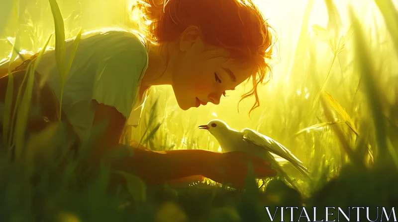 AI ART Woman and Bird in a Sunlit Meadow