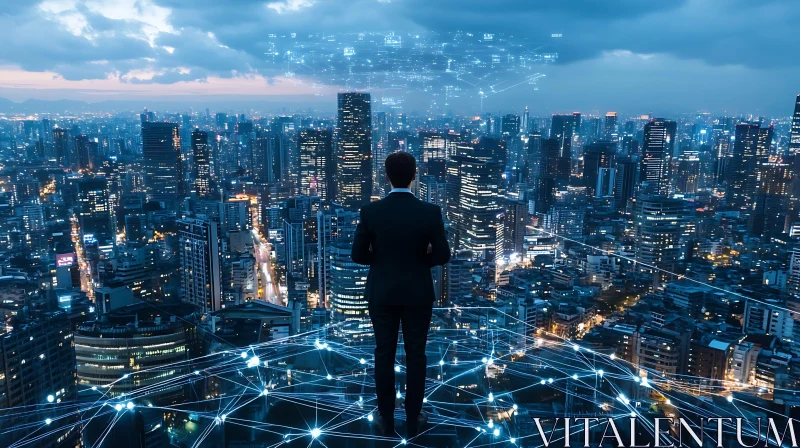 Man Overlooking City with Digital Network
