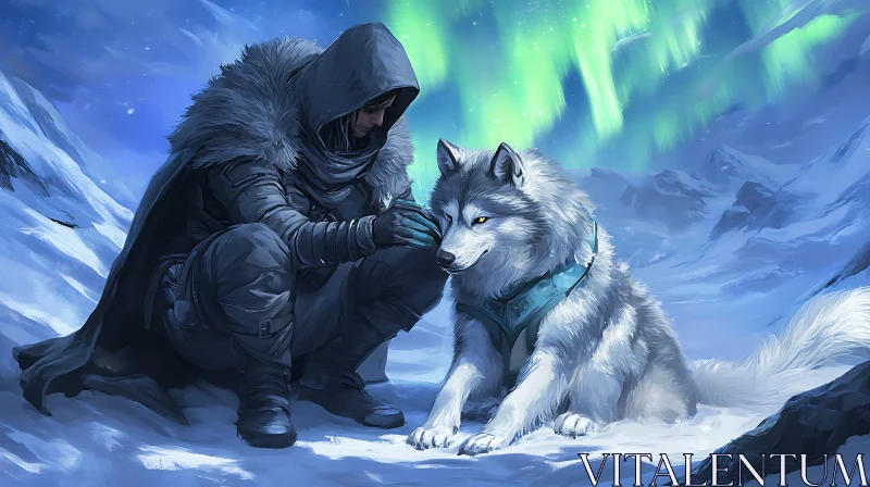 Man and Wolf Beneath Aurora