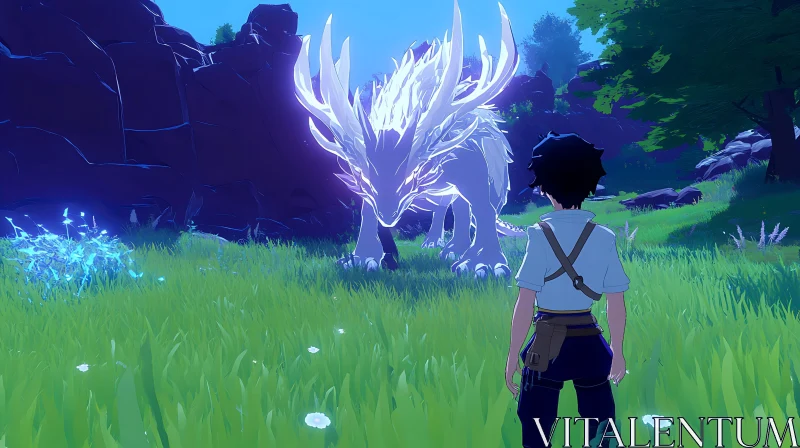 Fantasy Scene with Young Adventurer and Glowing Creature