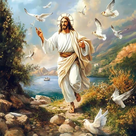 Peaceful Lake Scene with a Figure and Doves