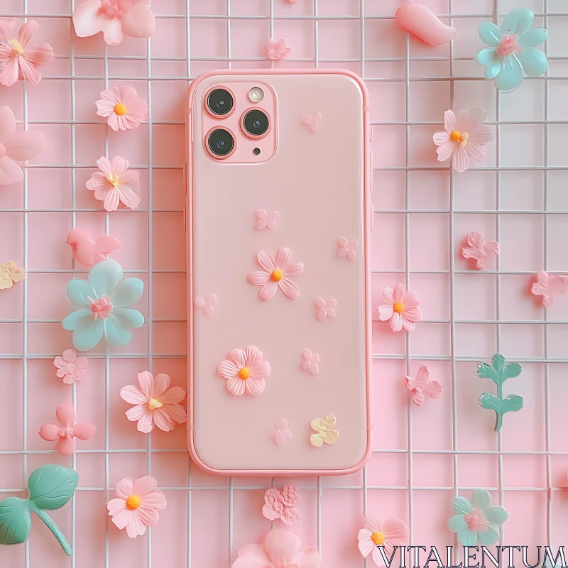 Pastel Pink Phone with Floral Decor