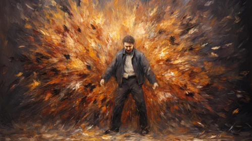 Man Amidst Storm of Leaves: An Oil Portraiture
